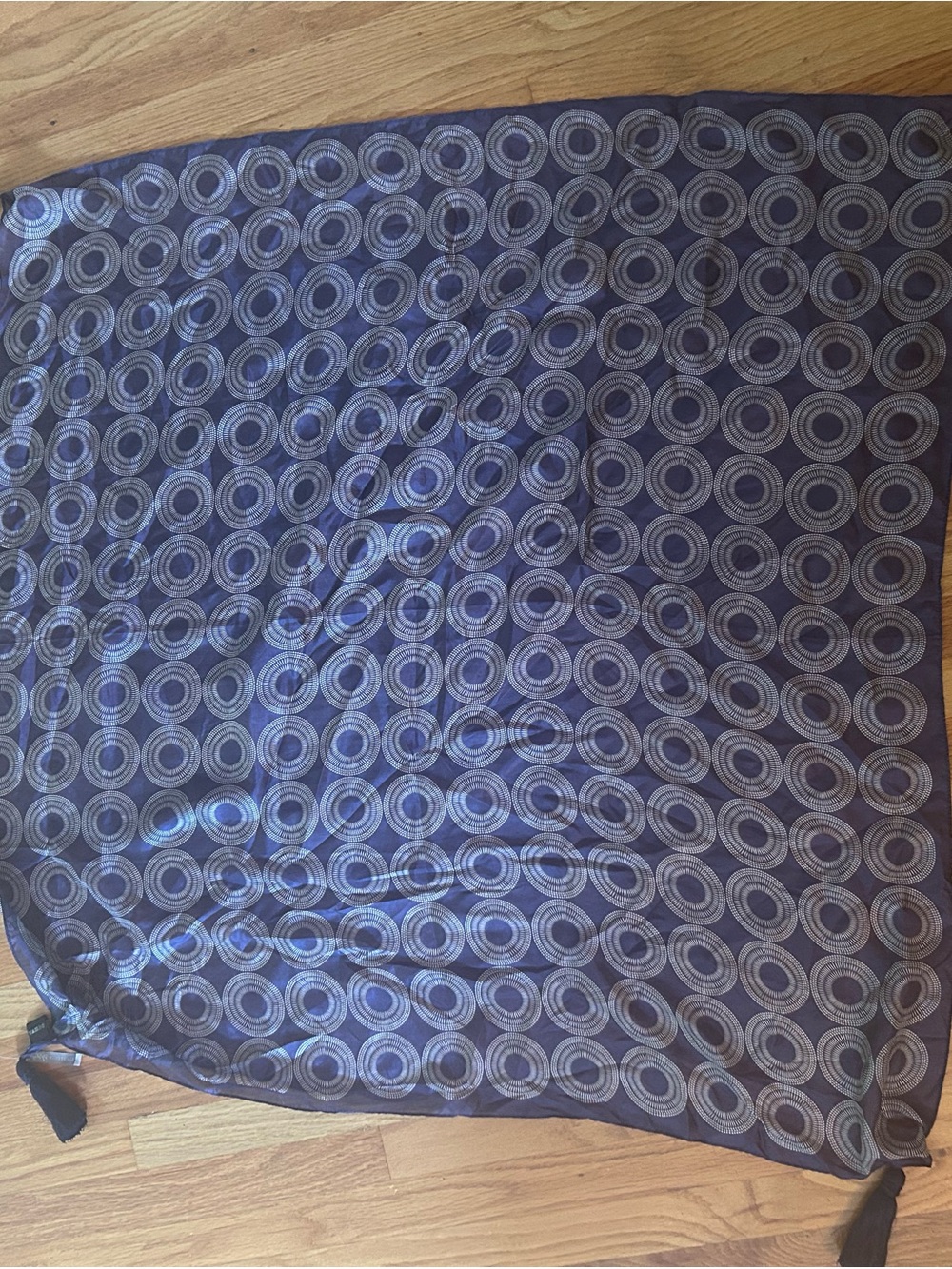 Lafayette Silk Navy Blue Circular Pattern Scarf w Tassels NWT